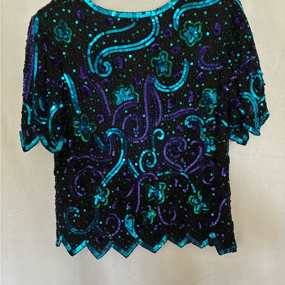 Laurence Kazar Black and Teal Embellished Blouse